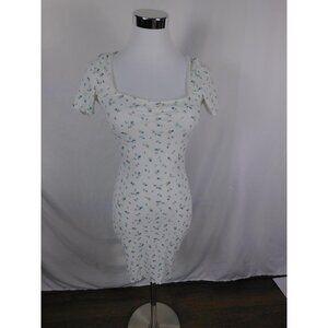 H&M Divided Dress Womens XS White Blue Floral Ribbed Square Neck Bodycon Mini
